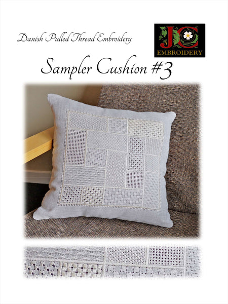 THREE Danish Pulled Thread Sampler Cushions - discount price